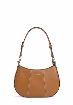 Brown leather handbag with a curved shape, contrasting stitching, and a short strap featuring gold hardware accents.