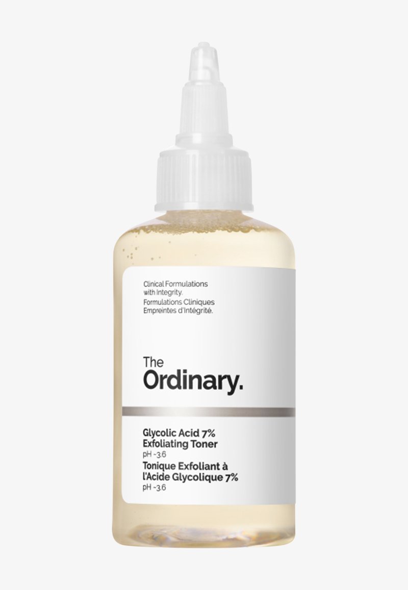 Clear plastic bottle with white label reading The Ordinary Glycolic Acid 7% Exfoliating Toner, pH 3.6, with dropper cap.