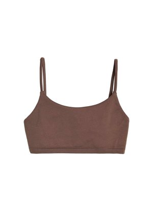 Brun crop top med tynde justerbare stropper, en rund halsudskæring og blødt materiale. Har en sømløs finish og et tætsiddende design.
