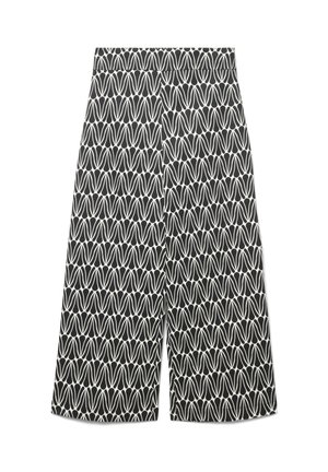 Schwarz-weiße Hosen mit weitem Bein, wiederholtem abstraktem Blütenblattmuster und hoher Taille, flach auf weißem Hintergrund gelegt.
