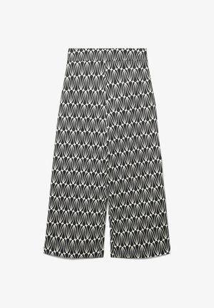 Pantaloni a gamba larga in bianco e nero con motivo astratto a petali ripetuto e vita alta, distesi su sfondo bianco.