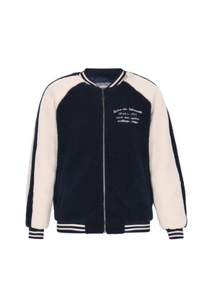 Navy ja cream värvi kvaliteetne lukk-jakk, millel on fliisilaadne tekstuur, raglan varrukad ja triibuline soonik. Esiküljel on tikkitud tekst.