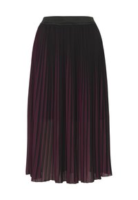 Faltenrock in Midi-Länge in Schwarz und Dunkelviolett, mit einem schwarzen Bund. Leichtes, transparentes Gewebe mit vertikalen Streifen für Textur.