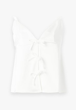 Top bianco senza maniche con scollatura a V profonda, dotato di tre chiusure anteriori con lacci e una consistenza liscia e morbida. Design semplice senza motivi.