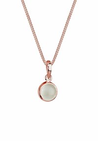Rosagulds halskæde med en tynd kæde og vedhæng med ovalt hvidt sten, med en poleret finish og glat tekstur.