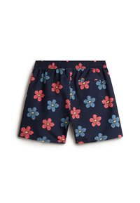 Pantaloni da mare navy con un motivo floreale impreziosito da fiori rosa e blu. Vita elastica e tasca posteriore. Tessuto morbido, design casual.
