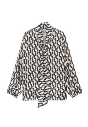Blouse met een crèmekleurige achtergrond en golvende zwart-witte patronen, striksluiting bij de hals, lange ballonmouwen en een gestructureerde stof.