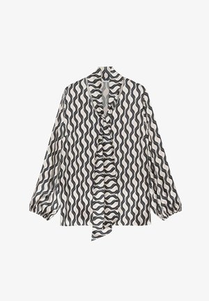 Blouse featuring a cream background with wavy black and white patterns, tie-neck, long balloon sleeves, and textured fabric.