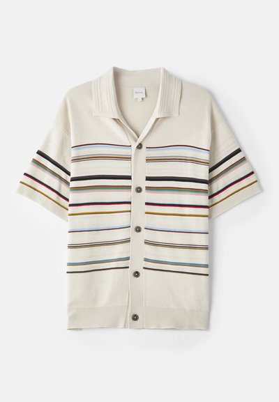 Korte mouwen, crèmekleurige gebreide cardigan met knoopsluiting, voorzien van horizontale strepen in verschillende kleuren en een geribde kraag en manchetten.