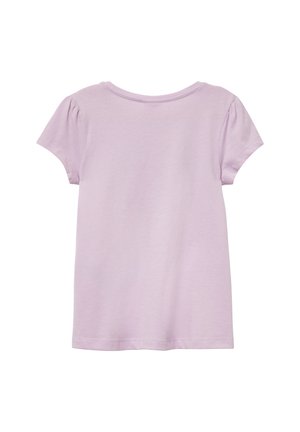 Hellblau-lila T-Shirt mit kurzen Ärmeln und rundem Ausschnitt, mit gerafften Ärmeln, aus weichem, leichtem Baumwollstoff.