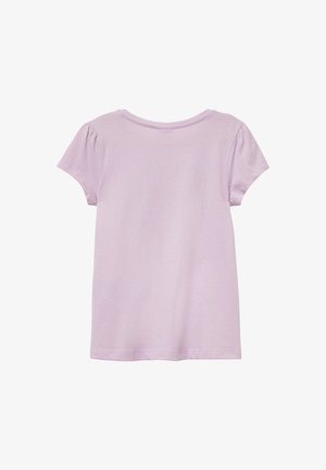 Hellblau-lila T-Shirt mit kurzen Ärmeln und rundem Ausschnitt, mit gerafften Ärmeln, aus weichem, leichtem Baumwollstoff.