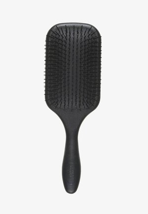 Black paddle hairbrush with rectangular head, plastic bristles, and rubberized handle for grip. Smooth surface and lightweight design.
