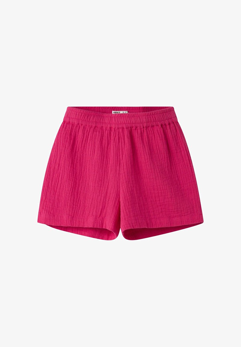 Short en tissu texturé rose vif avec une ceinture élastique, conçu pour un usage décontracté.