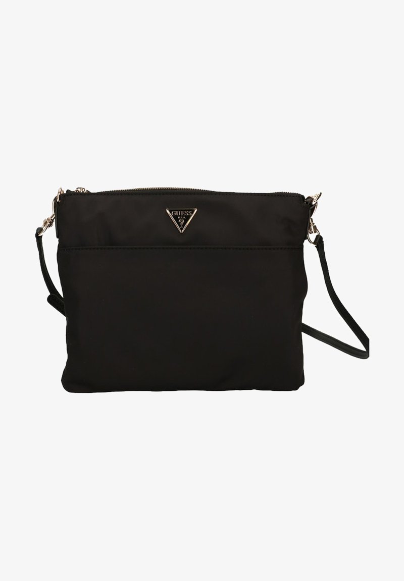 Schwarze Nylon-Crossbody-Tasche mit silberner Hardware, Reißverschluss und Logo-Detail; verfügt über einen verstellbaren Riemen und eine glatte Textur.