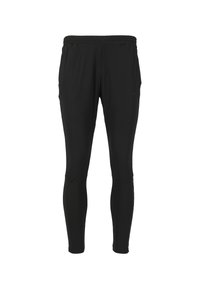 Zwarte sportbroek van gladde, rekbare stof. Strak ontwerp met een elastische tailleband, taps toelopende broekspijpen en geen zichtbare patronen of accenten.