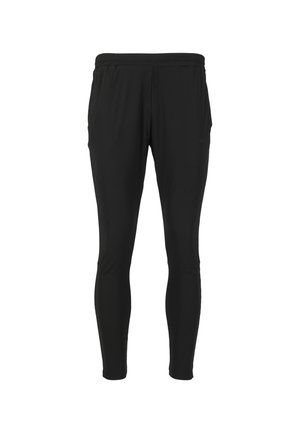 Schwarze Sporthosen aus glattem, dehnbarem Stoff. Eng anliegendes Design mit einem elastischen Taillenbund, schmal zulaufender Beinform und ohne sichtbare Muster oder Akzente.