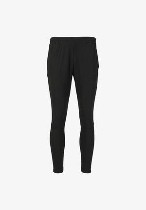 Mustat urheiluhousut, jotka on valmistettu sileästä, venyvästä kankaasta. Tiivis malli, jossa on joustava vyötärö, kapeneva lahkeensuu ja ilman näkyviä kuvioita tai yksityiskohtia.