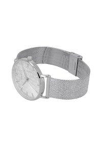 Silberne Metalluhr mit einem strukturierten silbernen Mesh-Armband, runder Zifferblatt und einfachen Stundenmarkierungen. Verfügt über ein strukturiertes Zifferblatt-Design und eine Krone.