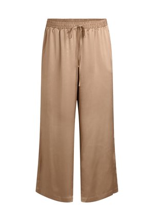Pantalon à jambes larges de couleur marron clair avec taille élastique et cordon de serrage, fabriqué en tissu lisse et léger.