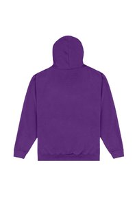 Felpa con cappuccio viola, in materiale felpato, stile pullover, maniche lunghe, polsini e orlo a coste, texture liscia, vista posteriore uniforme.