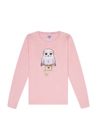 T-shirt en coton à manches longues de couleur rose avec un graphisme de hibou aux yeux jaunes, assis sur une boîte, entouré de lettres illustrées.