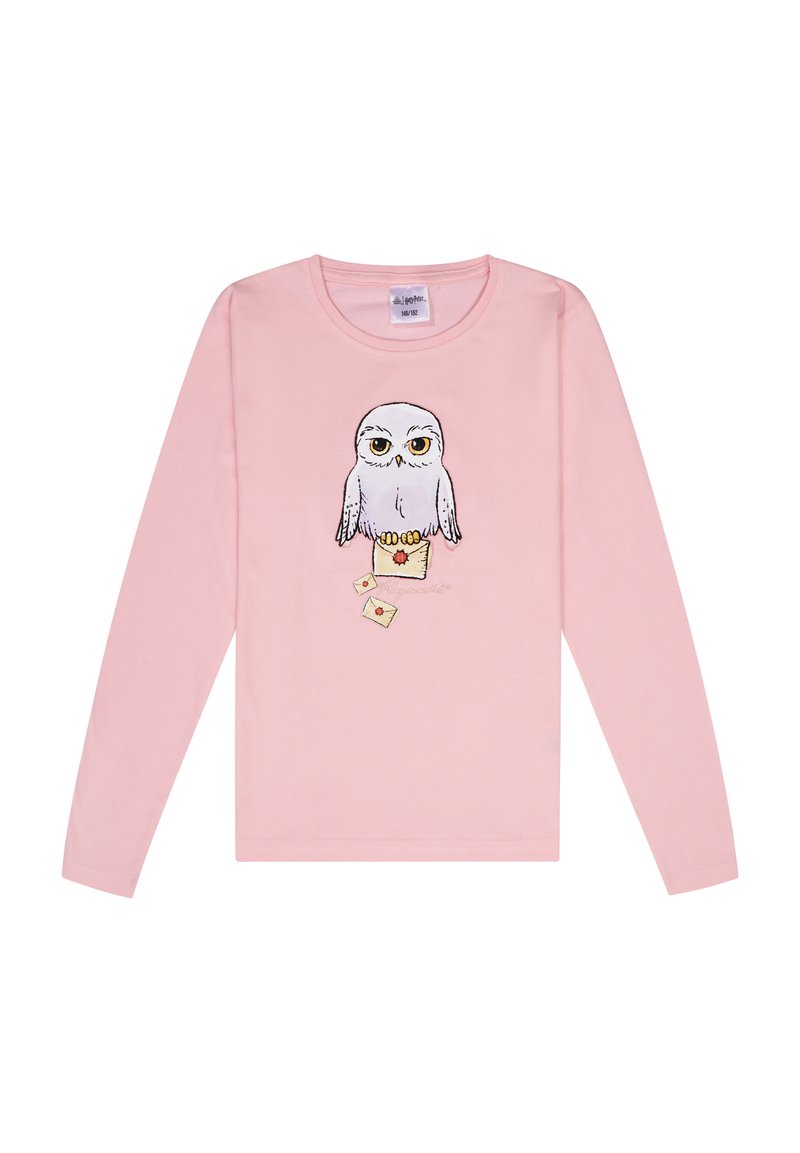 T-shirt en coton à manches longues de couleur rose avec un graphisme de hibou aux yeux jaunes, assis sur une boîte, entouré de lettres illustrées.