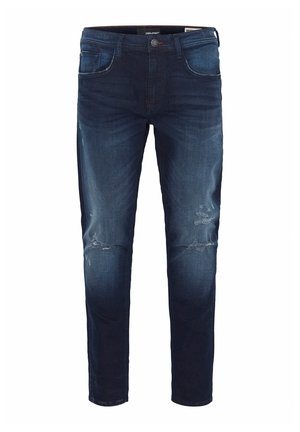 Donkerblauwe slim-fit jeans met lichte slijtage op knieën en bovenbenen, voorzakken en een tailleband met knoopsluiting.