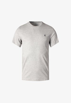 T-shirt grigio in cotone con collo rotondo e maniche corte. Presenta un piccolo logo blu navy sul lato sinistro del petto. Vestibilità classica e texture liscia.