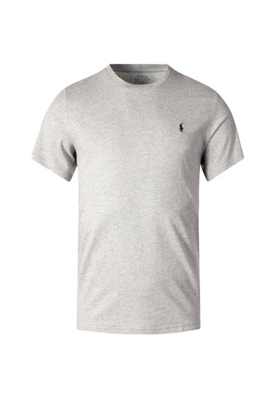 T-shirt grigio in cotone con collo rotondo e maniche corte. Presenta un piccolo logo blu navy sul lato sinistro del petto. Vestibilità classica e texture liscia.