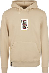 Beige Kapuzenpullover mit einer Kartenillustration eines Königs, Fronttasche, Kordelzugkapuze und gerippten Bündchen und Saum.