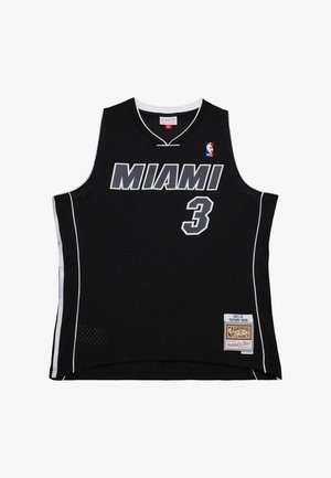 Maglia da basket nera di Miami con il numero 3, logo NBA e toppa Hardwood Classics che mostra Dwyane Wade della stagione 2011-12.