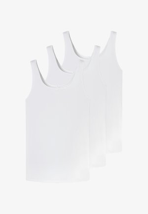 Trois débardeurs blancs unis sans manches disposés en chevauchement, présentés sur un fond blanc.