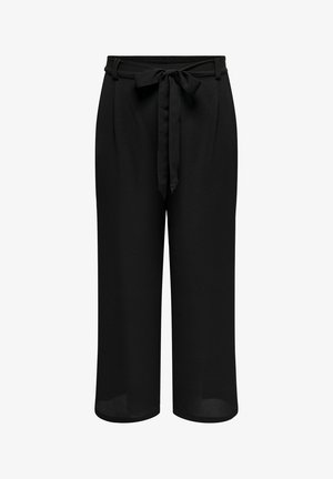 Pantaloni neri a gamba larga realizzati in un tessuto liscio, con cintura coordinata, pieghe frontali e orlo alla caviglia con una leggera finitura trasparente.