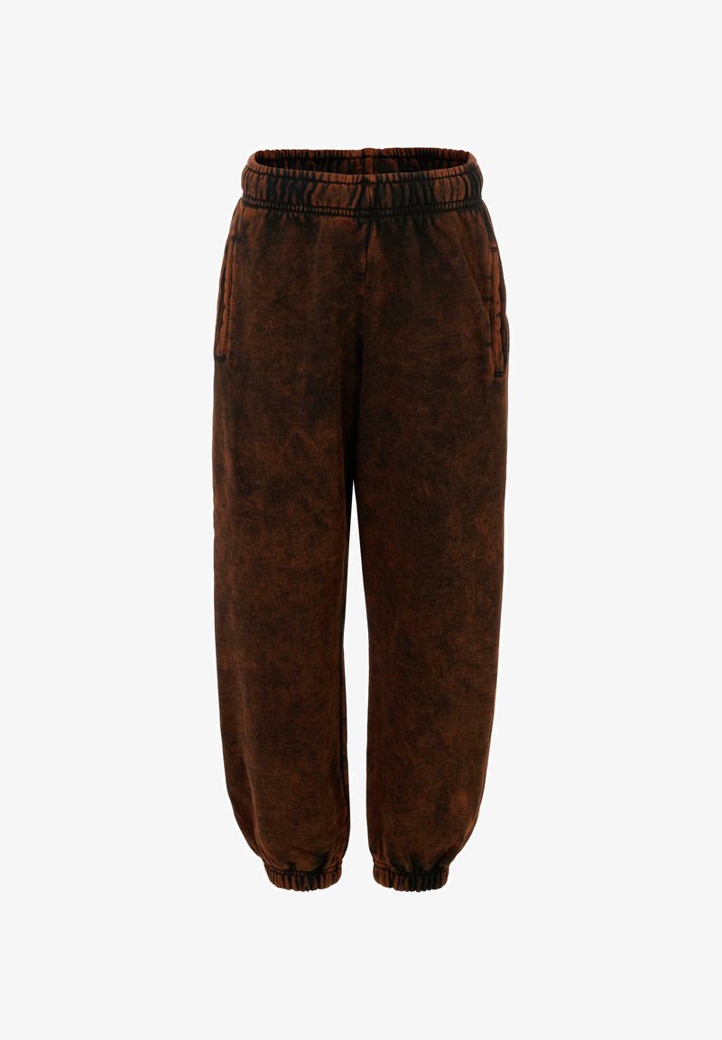 Bruine, taps toelopende joggerbroeken van zachte stof, met een elastische tailleband, zijzakken en elastische boorden.
