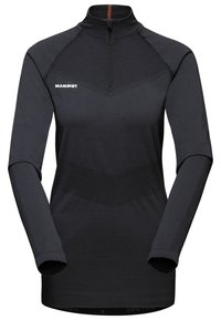 Maglietta nera a maniche lunghe con colletto a mezza zip, caratterizzata da un motivo geometrico testurizzato e dettagli con logo sul petto. Tessuto elastico.