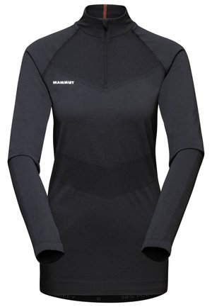 Black long-sleeve shirt with a half-zip collar, featuring a geometric textured pattern, and logo detailing on the chest. Stretch fabric.