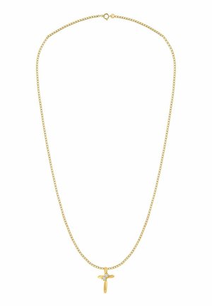 Zlata verižica z obeskom v obliki križa, okrašenim z majhnim dragim kamnom, s gladko površino in standardnim zapiranjem na zaponko.