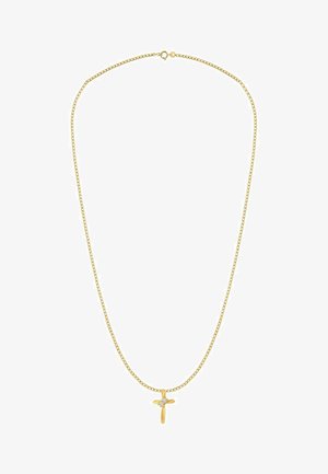 Collier en chaîne dorée avec un pendentif en forme de croix orné d'une petite pierre précieuse, surface lisse, et fermoir standard.