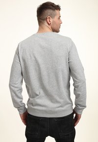 Grå sweatshirt i mjukt tyg, med långa ärmar, rund halsringning och ribbade muddar, samt en enfärgad baksida.