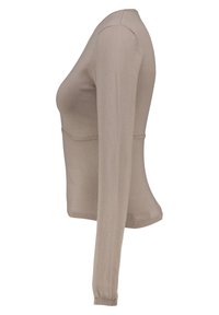 Beige long-sleeve top made of soft fabric, featuring a fitted shape, crew neckline, and ribbed cuffs, offering a smooth texture.