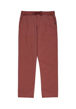 Red cotton pants with an elastic waistband and drawstring. Features side pockets and a straight leg design with a smooth texture.