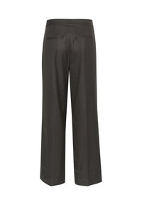 Pantalon large gris foncé avec une texture lisse. Caractéristiques : taille mi-haute, deux poches arrière et plis pressés à l'avant.
