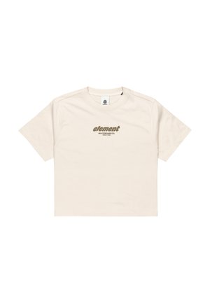 Short-sleeve, cream-colored t-shirt made of soft cotton. Features a brown "element" logo printed centrally on the front.
