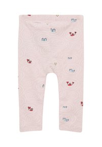 Roze leggings gemaakt van zachte stof, met een zwirlpatiënt en kleine illustraties van harten, krabben en gezichten doorheen.