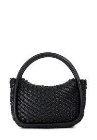 Black woven leather handbag with a rounded shape, featuring a sleek top handle and subtle side accents. Textured surface adds visual interest.