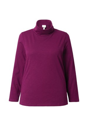 Top de cuello alto de manga larga en color púrpura, hecho de una tela suave y con un corte relajado. Diseño simple, textura lisa y sin patrones visibles ni herrajes.