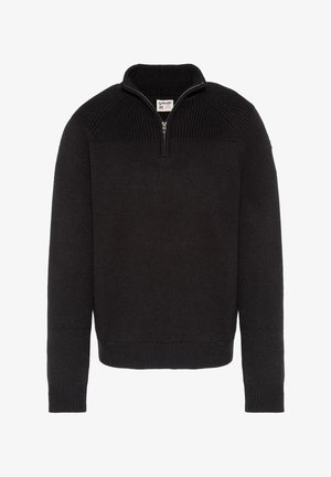 Schwarzer Pullover mit einem Reißverschluss-Halsausschnitt, geripptem Strukturdesign auf den Schultern und enganliegenden Bündchen. Hergestellt aus gestricktem Stoff, der Wärme und Komfort bietet.