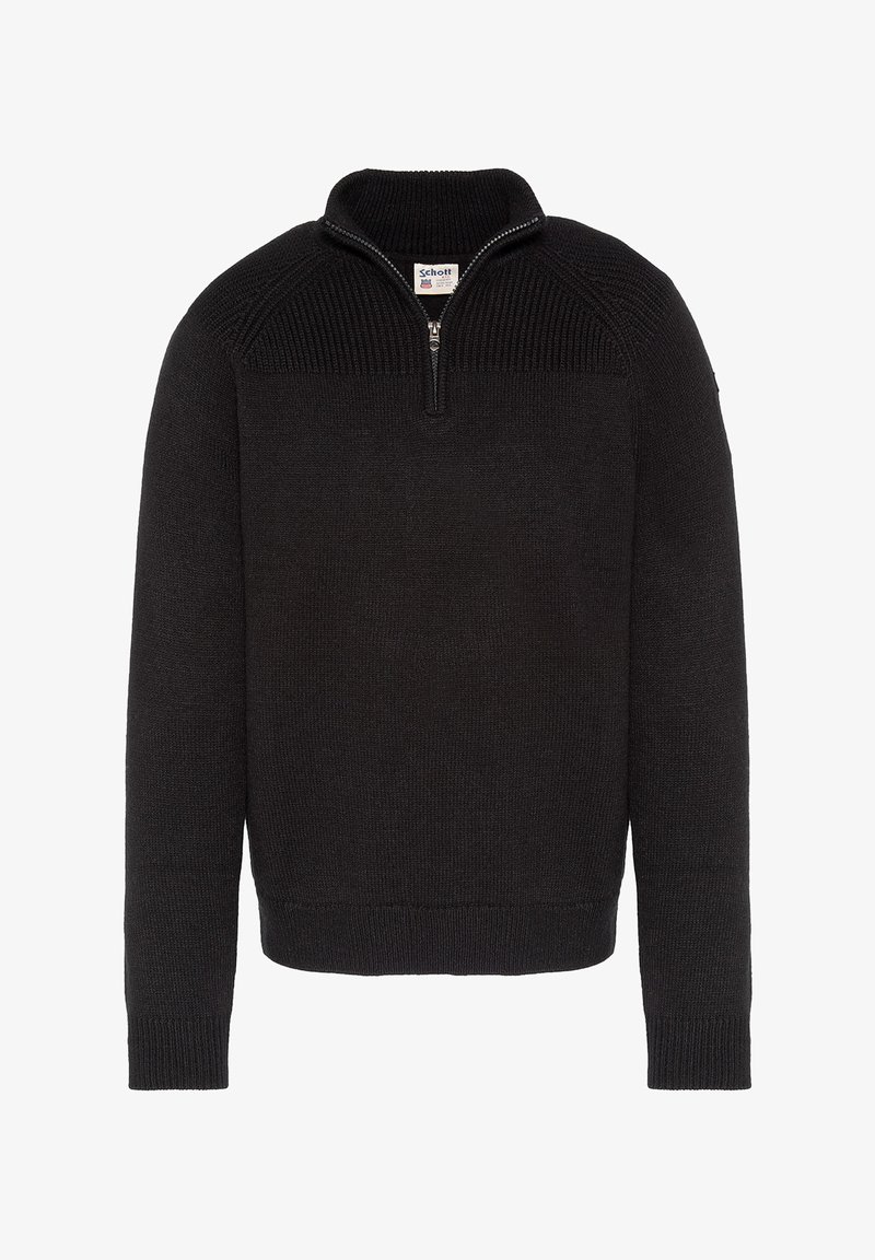 Schwarzer Pullover mit einem Reißverschluss-Halsausschnitt, geripptem Strukturdesign auf den Schultern und enganliegenden Bündchen. Hergestellt aus gestricktem Stoff, der Wärme und Komfort bietet.