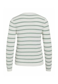 Pull blanc en maille avec manches longues et rayures horizontales vertes, vu de dos sur fond blanc.