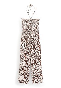 Jumpsuit met luipaardprint van lichtgewicht stof, met een gesmokte lijfje, verstelbare banden en een wijd uitlopende broekspijp. Kleurenpalet omvat beige en bruin.